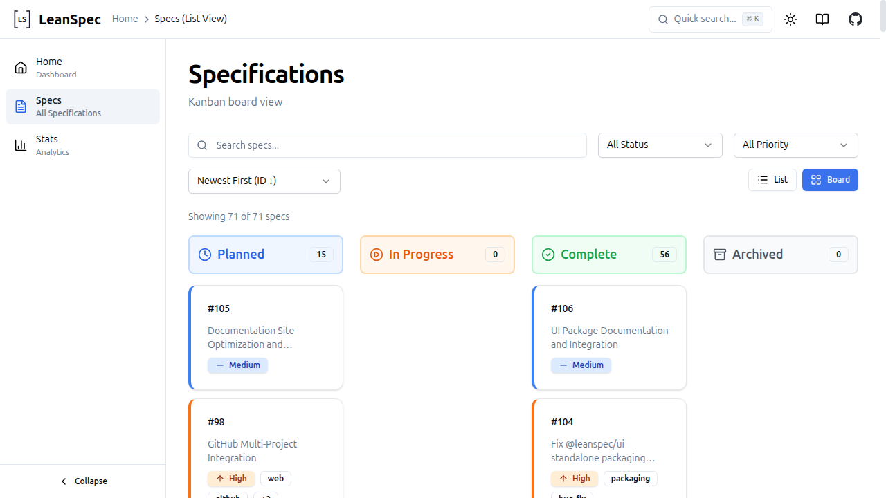 Board view with Planned, In Progress, Complete, and Archived columns