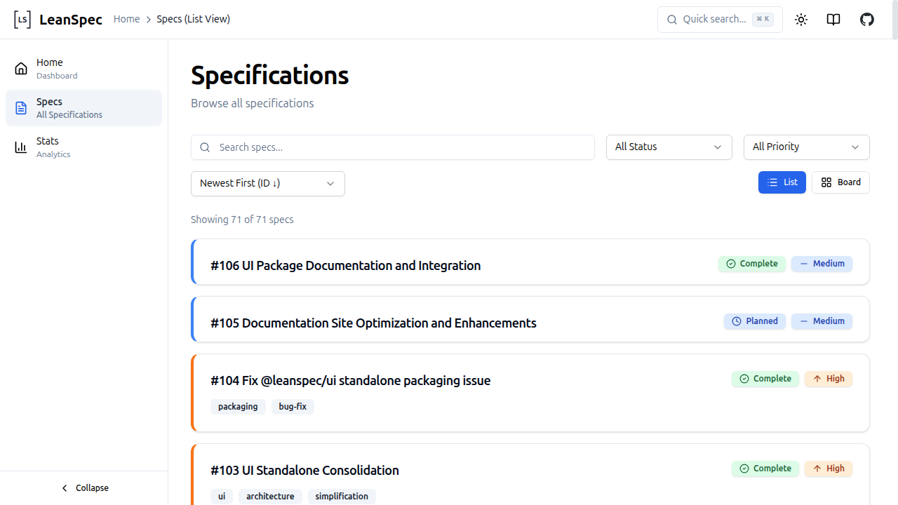 HarnSpec UI list view showing spec cards with search and filters